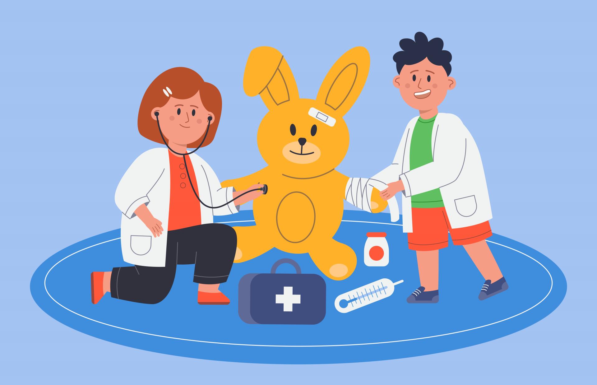 Stuffed bunny receiving first aid